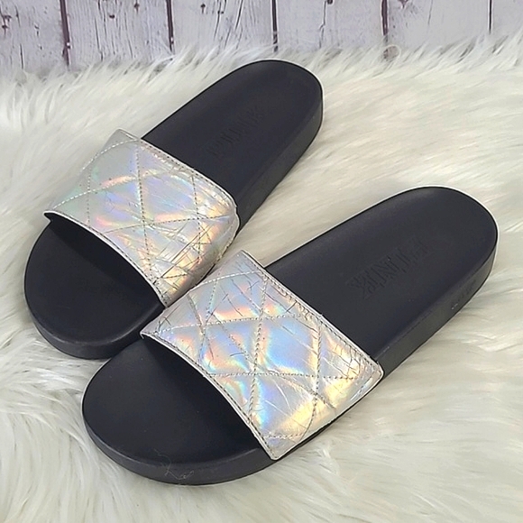 Victoria's Secret PINK Silver Rainbow Holographic Metallic Slide Slip-On Sandals - Picture 1 of 17